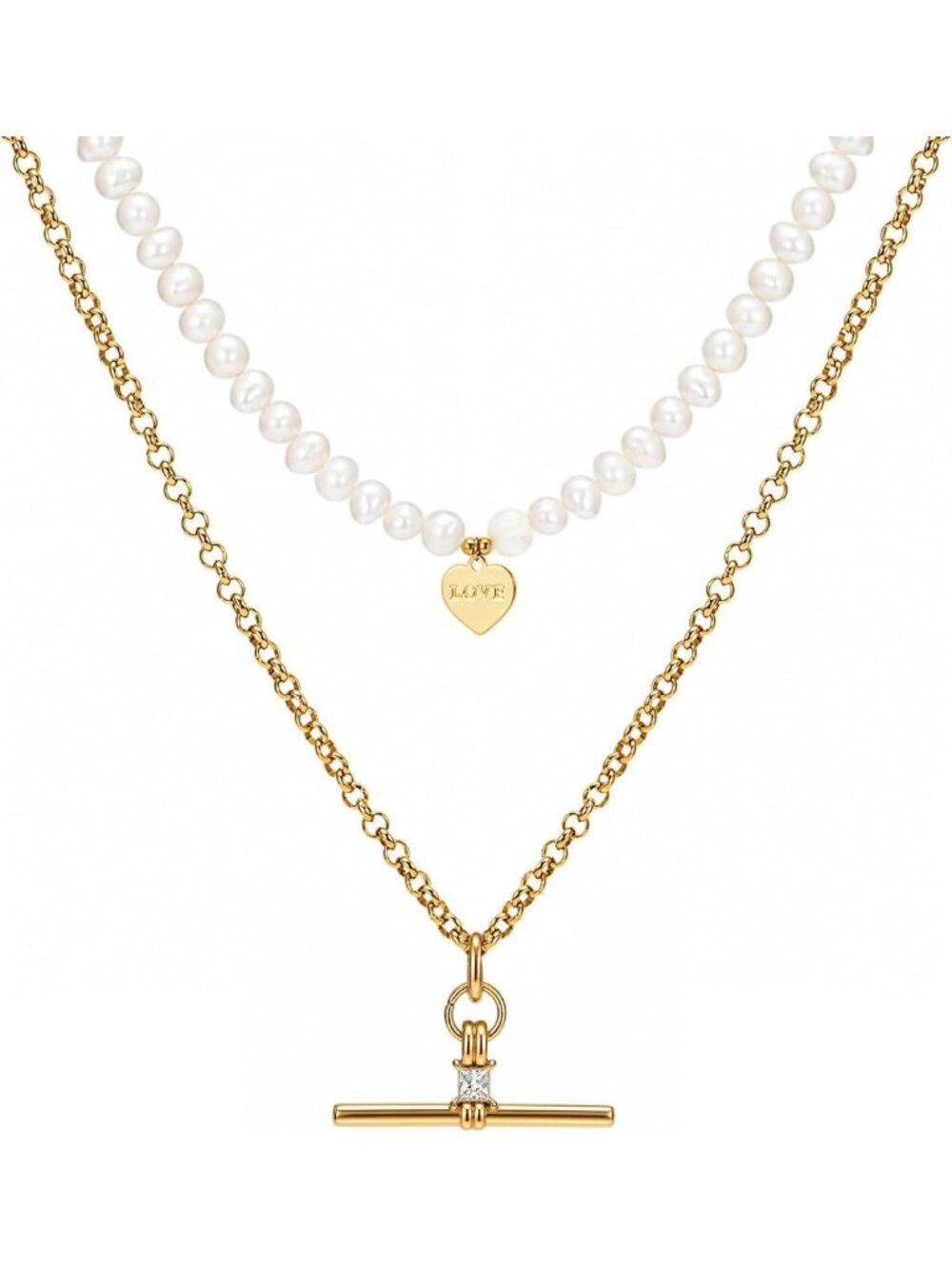 Elegant Baroque Pearl Layered Necklace Set with Heart Love Pendant - Gold Tone